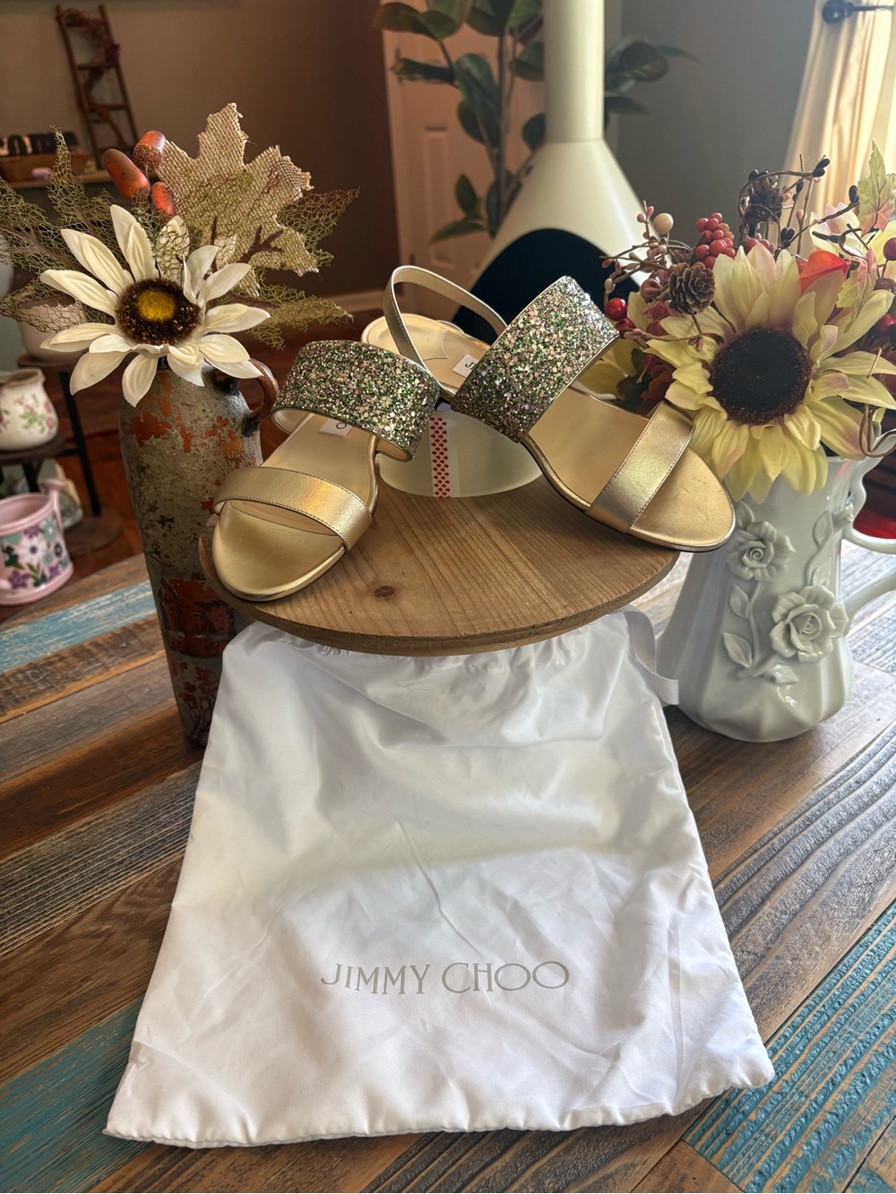 Jimmy Choo Seia Flat Light Gold Peppermint Glitter Sandals 36